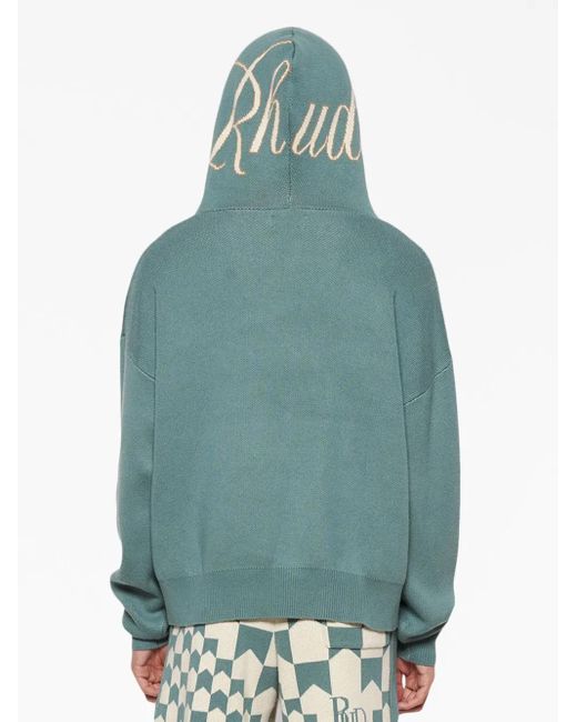 Rhude Blue Script Logo-Print Knitted Hoodie for men