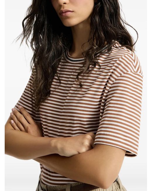 Brunello Cucinelli White Striped Cotton Jersey T-Shirt With Precious Neckline