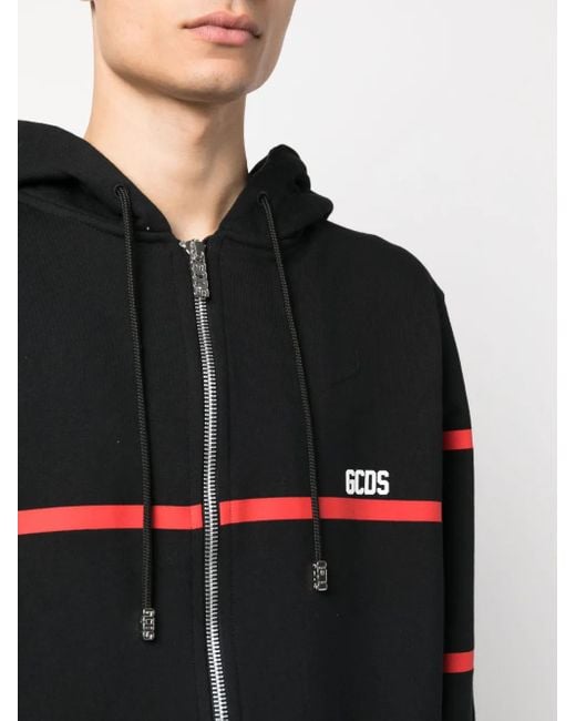 Gcds Black Stripe-Print Zip-Up Hoodie for men