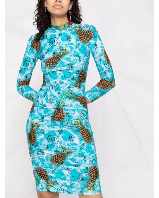 Philipp Plein Blue Pineapple Skies Short Dress