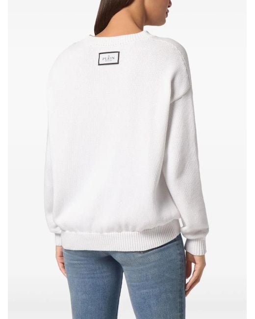 Philipp Plein White Devoré-Logo Crew-Neck Sweater