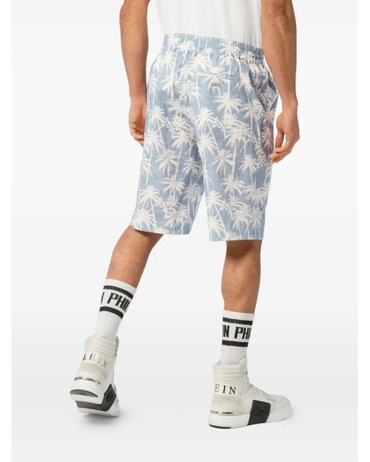 Philipp Plein Blue Kid Fit Chambray-Print Shorts for men