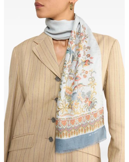 Etro White Cotton-Blend Jacquard Scarf With Flora And Fauna Motif