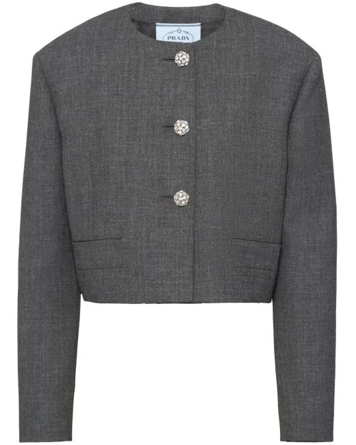 Prada Gray Crystal-Buttons Cropped Jacket