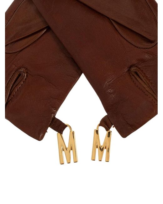 Moschino Brown Logo-Detail Leather Gloves