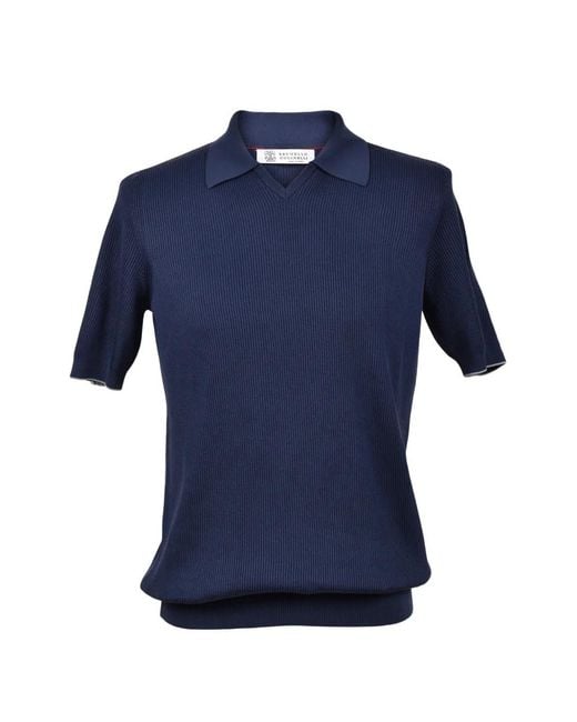 Brunello Cucinelli Blue Ribbed V-Neck T-Shirt for men