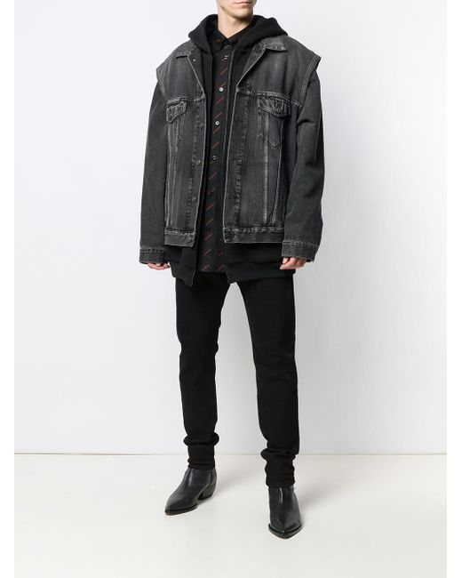 black denim with grey hooded jacket