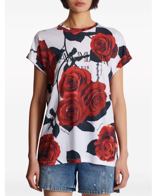 Balmain Red Rose Print T-Shirt