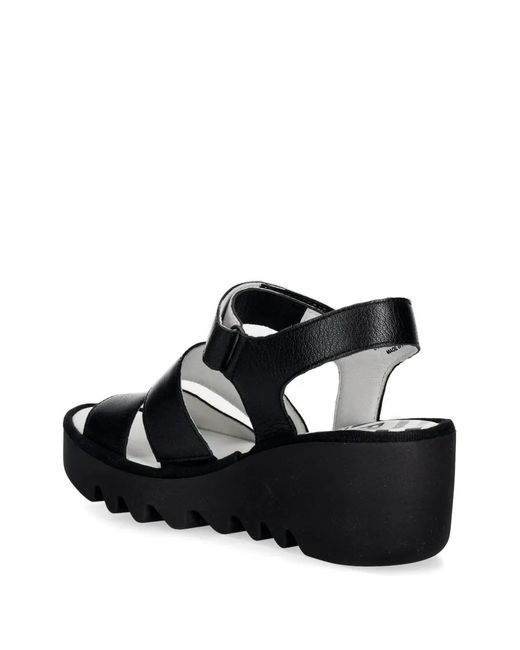 Fly London Black Touch-Strap Wedge Sandals