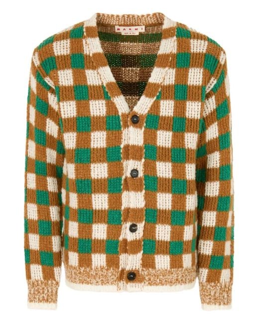 Marni Green Chequerboard Motif Cardigan for men