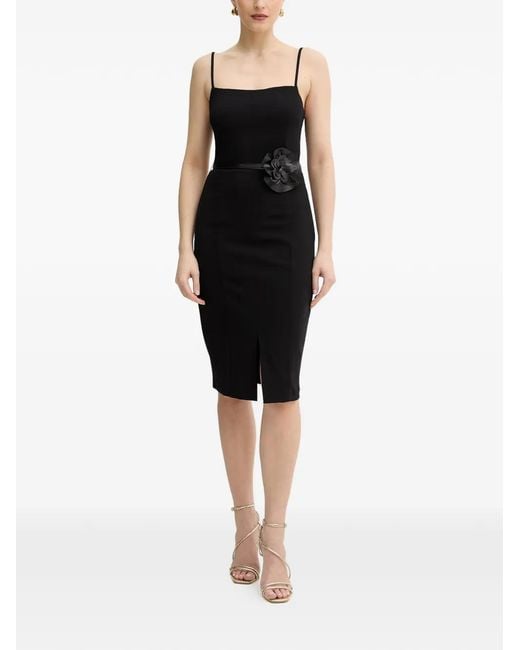 Guess Black Floral-Appliqué Belted Midi Dress