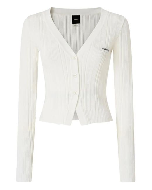 Pinko White Ribbed V-Neck Cardigan