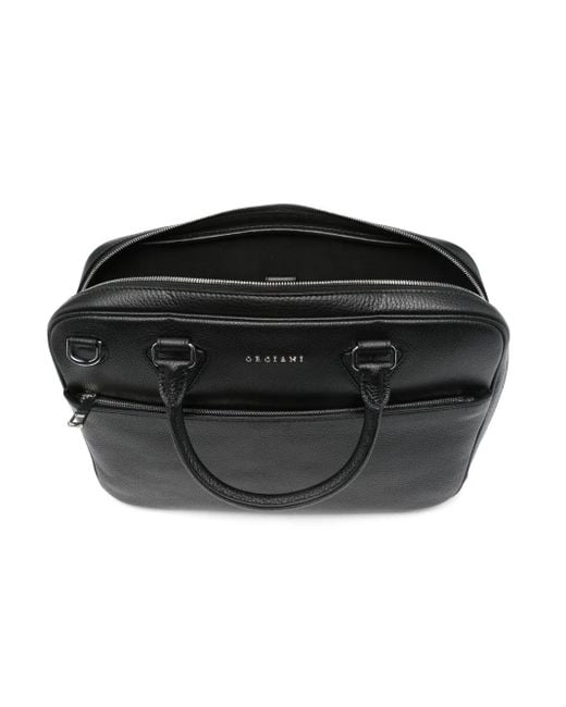 Orciani Black Leather Laptop Bag for men