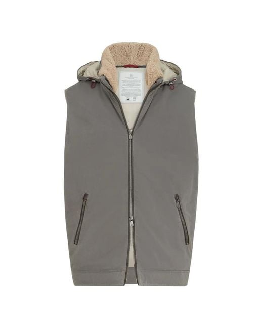 Brunello Cucinelli Gray Waxed Techno-Cotton Down Vest With Detachable Hood for men