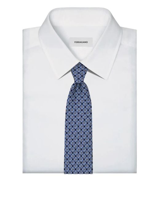 Ferragamo Blue Gancini Square Print Silk Tie for men