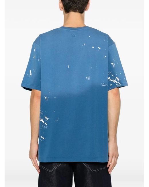 Adidas Blue X Paint-Splatter Logo-Print T-Shirt