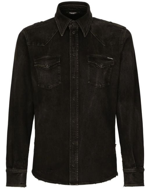 Dolce & Gabbana Black Distressed-Effect Denim Shirt for men