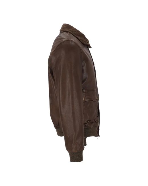 Al Duca D'aosta Brown Grainy Leather Bomber Jacket for men