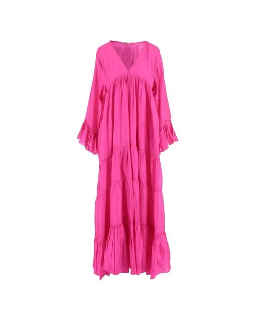 Péro Pink Ruffled V-Neck Silk Dress