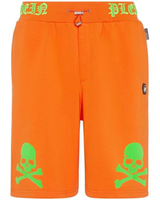 Philipp Plein Orange Skull&Bones Logo-Embroidered Shorts for men