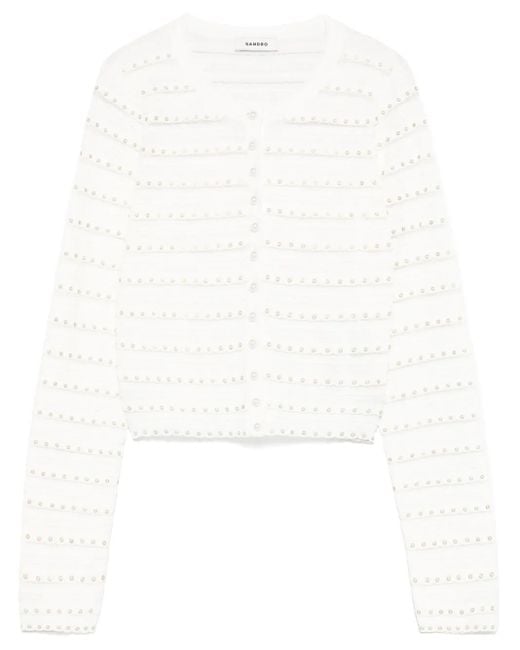 Sandro White Bead-Embellished Pearl-Buttons Pointelle-Knit Cardigan