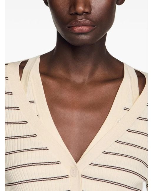 Sandro White Striped V-Neck Cardigan