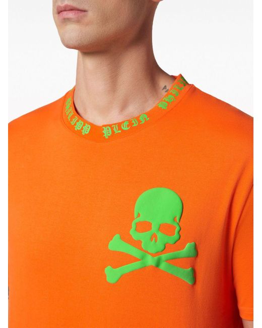 Philipp Plein Orange Skull-print Cotton T-shirt for men