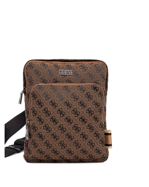 Guess Brown Monogram-Pattern Messenger Bag for men