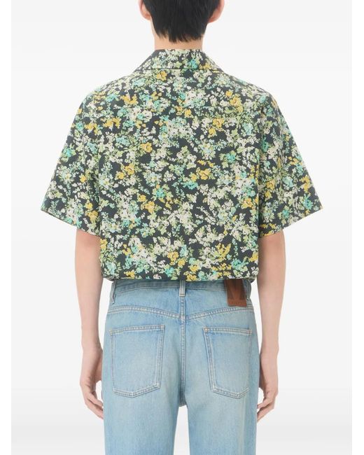 Valentino Garavani Green Cotton Poplin Bowling Shirt With Papier Floral Print for men