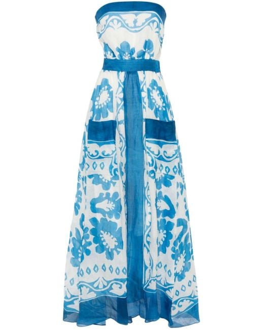 Sandro Blue Floral Strapless Maxi Dress