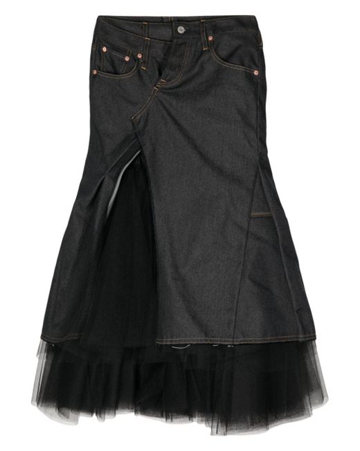Junya Watanabe Black Tulle-inserts Asymmetric Denim Skirt