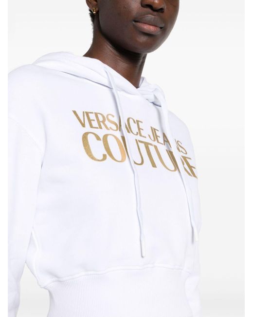 Versace White Logo-embellishment Cropped Hoodie