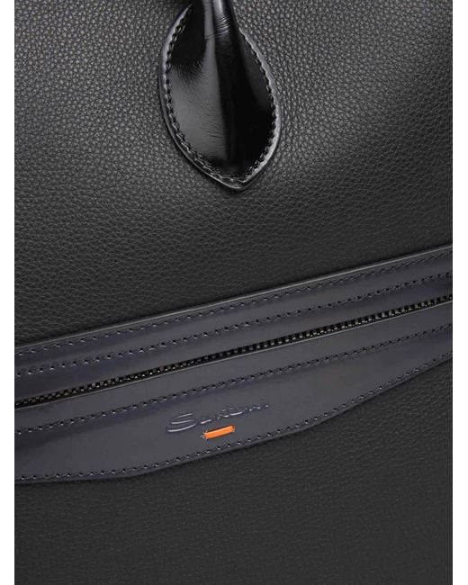 Santoni Black Grained Leather Laptop Bag for men