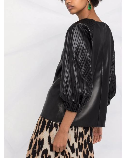 Karl Lagerfeld Black Vegan Leather Pleated-Sleeve Top