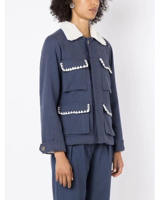 Isolda Blue Shearling-Collar Button-Up Jacket