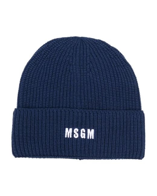 MSGM Blue Logo-Embroidered Ribbed-Knit Beanie for men