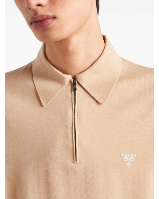 Prada Natural Logo-embroidered Wool Polo Shirt for men