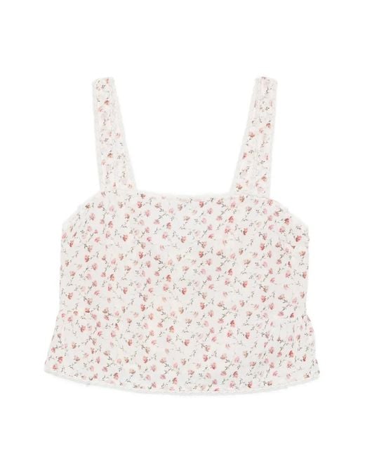 Posse White Charlotte Floral-Print Lace-Trim Cotton Tank Top