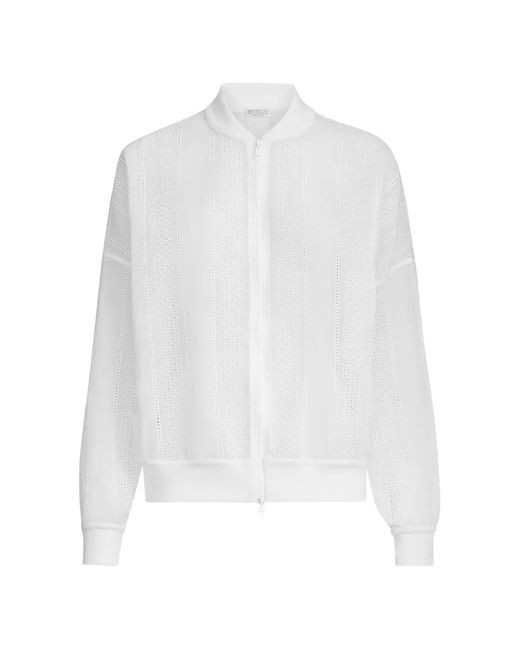 Brunello Cucinelli White Cotton Organza Broderie Anglaise Bomber Jacket With Zip And Monili