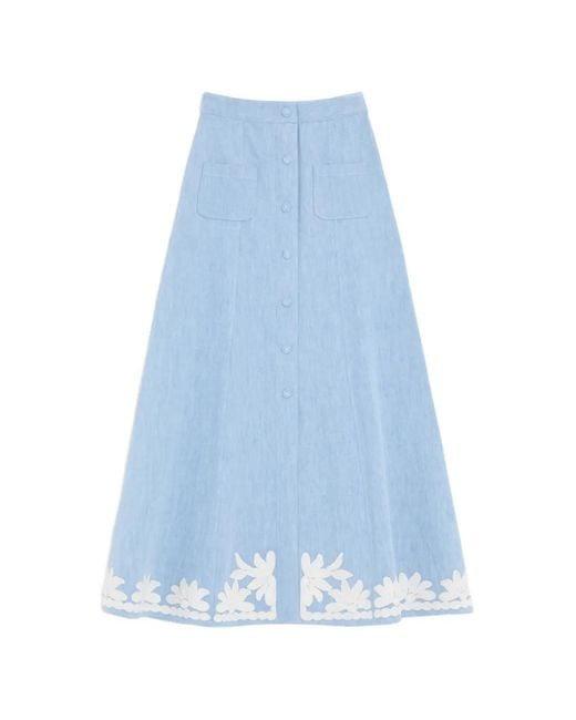 Valentino Garavani Blue Embroidered Denim Midi Skirt