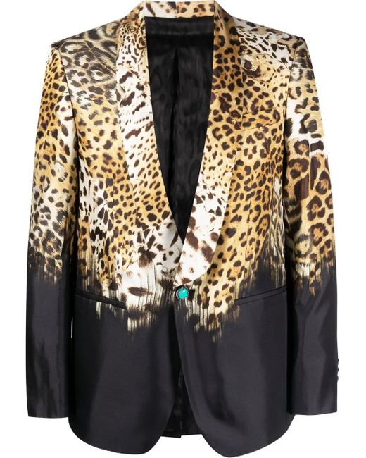 Roberto Cavalli Black Leopard-Print Silk Blazer for men