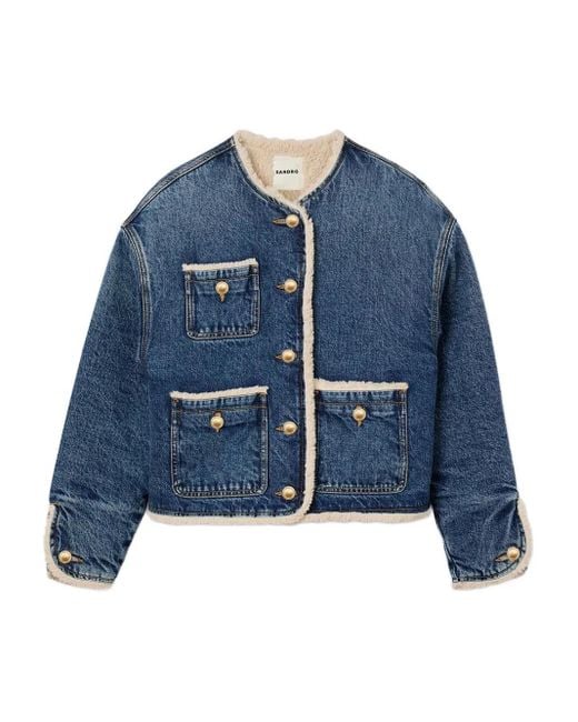 Sandro Blue Shearling-Trimmed Denim Jacket