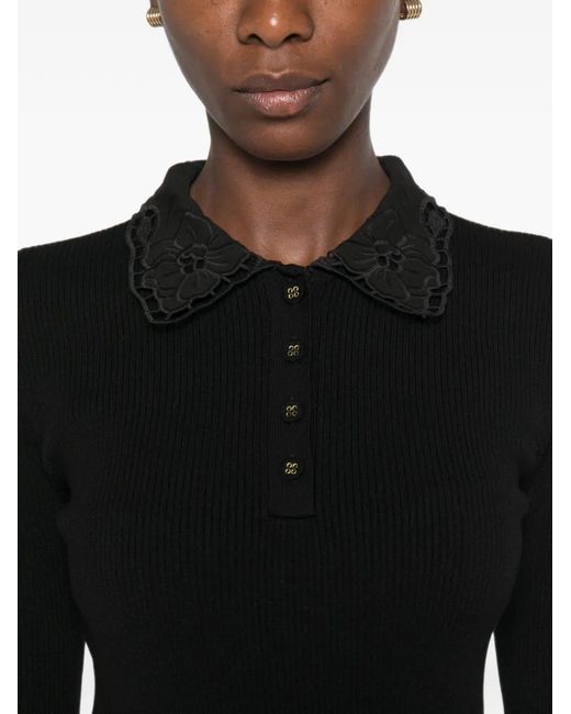 Twinset Black Lace-Collar Ribbed Polo Shirt