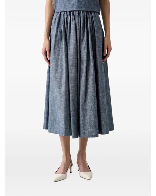 Benetton Blue Pleated-Waistband Midi Full Skirt