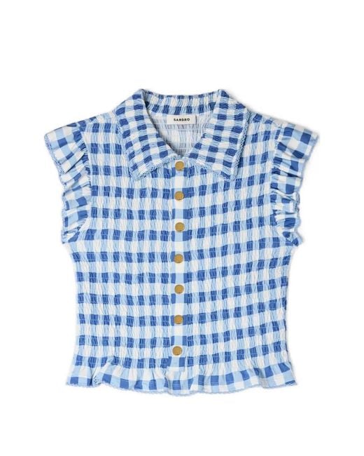 Sandro Blue Check Smocked Shirt