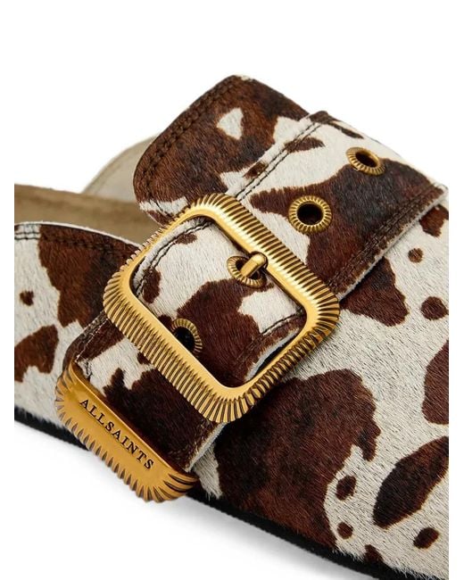 AllSaints White Staffa Cow-Print Buckled Mules
