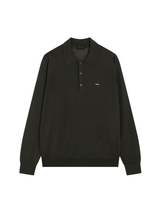 Prada Black Long-Sleeved Superfine Wool Polo Sweater for men