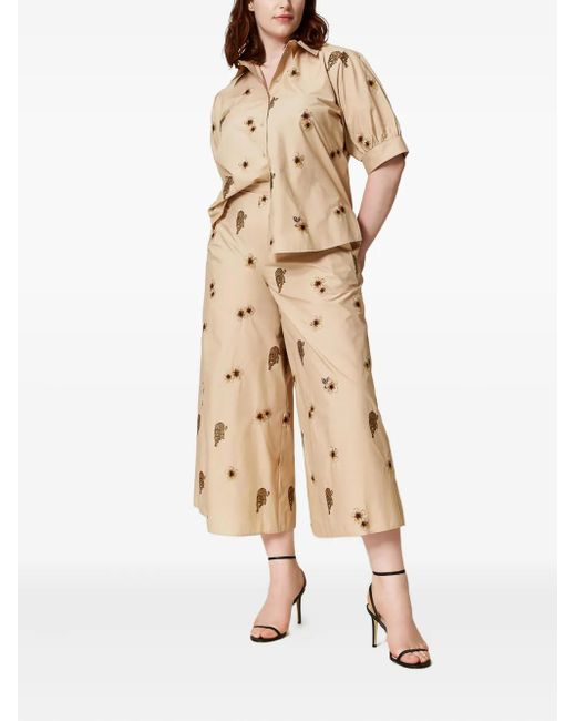 Twinset Natural Floral-Embroidered Wide-Leg Trousers