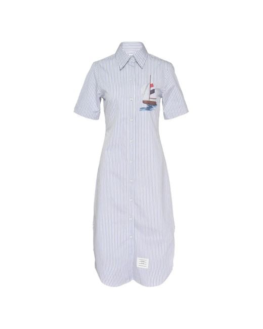 Thom Browne White Striped Embroidered Mini Shirt Dress