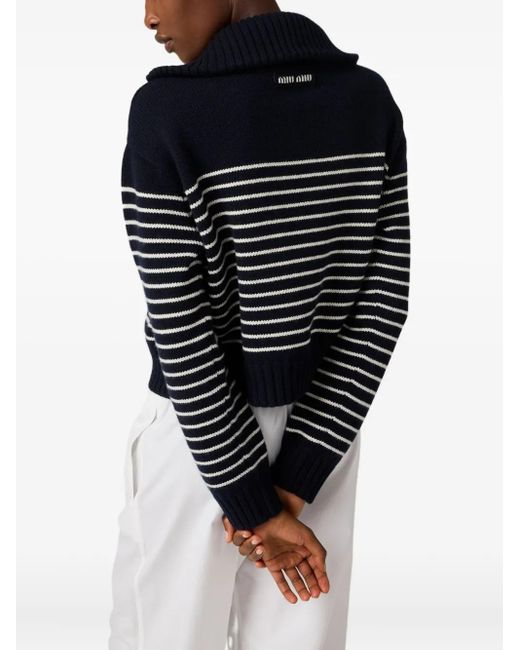 Miu Miu Blue Ribbed-Collar Striped Sweater